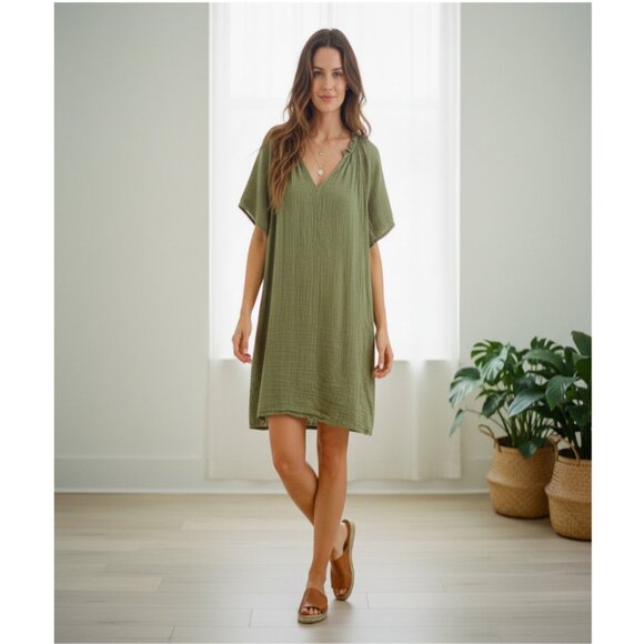 Old Navy Women's XL Olive Green 100% Cotton Double Gauze V-Neck Mini Dress - Picture 1 of 10